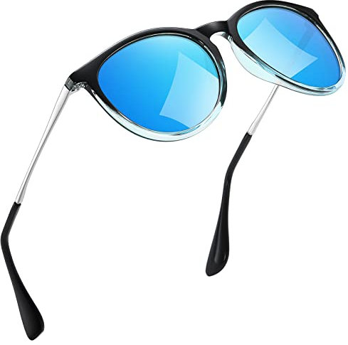 kunchu Sonnenbrille-Damen-Polarisierte-Sonnenbrille-Rund-UV400-im-Retro-Sonnenbrille-für-Damen & Herren Schutz Vintage Farbverlauf Blau