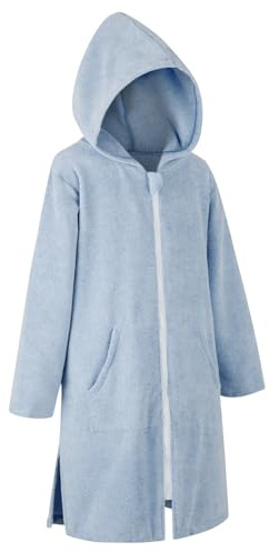 MissShorthair Hooded Towel Robe for Kid, Zipper Beach Cover Up, Swim Changing Robe for Boy, Girls Bath Towelling Poncho Light Blue 11-13 Years