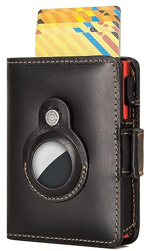 HUMERPAUL Airtag Wallet aus echtem Leder & Airtag Anhänger | Bi-flold Geldbörse Herren & Damen | Kartenetui für 10 Karten | RFID Schutz | Kreditkartenetui mit Münzfach | Magnetverschluss (Black)