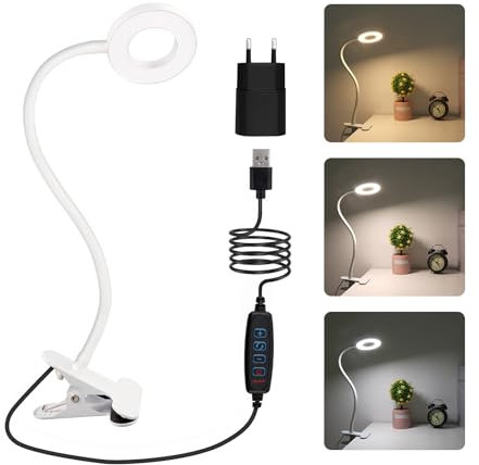 8W Lampe à Pince LED USB Light avec Adaptateur, 3 Couleur & 10 Niveaux Luminosité Lampe Chevet Pince Clipsable, Flexible Lampe Spot a Pince pour Lit, PC Travail, Lire (Blanc)