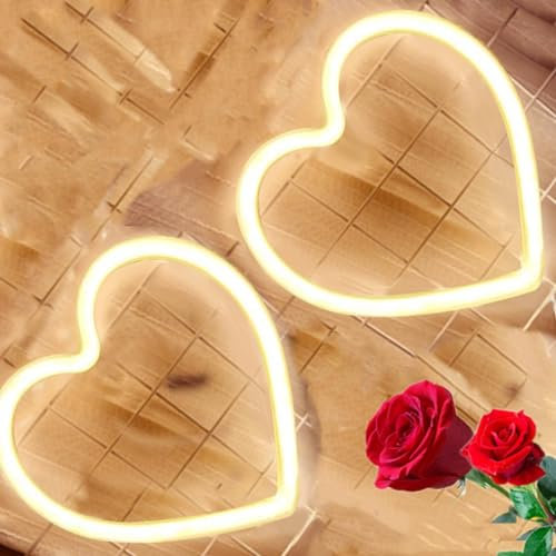 Lot de 2 panneaux LED Néon en forme de cœur de Saint Valentin,Décorations d'amour en forme de cœur pour chambre à coucher, cuisine,dortoir, lampe de nuit cadeaux pour chambre de fille, blanc chaud