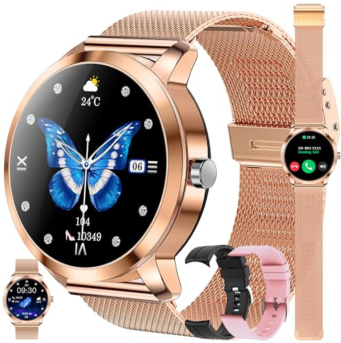 Smartwatch Damen mit Telefonfunktion, 1,09 Zoll Touchscreen Stahl Smart Watch mit 123 Sport|SpO2|Menstruationszyklus|Herzfrequenzmonitor|Schlafmonitor|Sportuhr Aktivitätstracker für Android iOS (Gold)