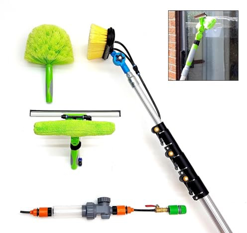 HI-TECH 16ft-20ft-24ft Telescopic Water Fed Window Cleaning Pole, Solar panel Conservatory Roof Cleaner, Extended Extension Extendable Water Fed Spray Squeegee Hose Brush Kit