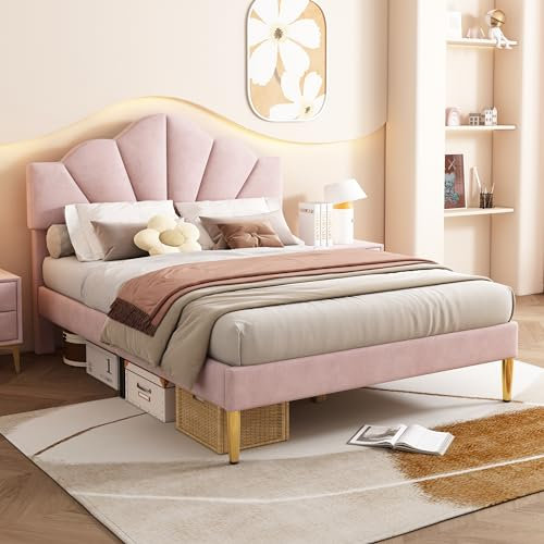 Idemon Letto imbottito in velluto, 140 x 200 cm, letto a conchiglia con gambe in ferro dorato, testiera regolabile in altezza, rete a doghe in legno (rosa, 140 x 200 cm), WF311404