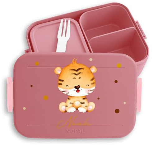 Kinder Bento Box Midi Lunchbox für Mepal Bentobox personalisiert - Tiger mit Namen - 900 ml - Rosa - brotdose zootiere jausenbox personalisierte essen