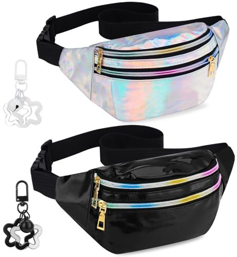 Halinuia 2 Stücke Gürteltasche Damen Glitzer Mädchen Bauchtasche Wasserdicht Sporttasche Mode Hüfttasche mit Stern Schlüsselanhänger für Reiten Radfahren Laufen Camping Sport(Schwarz+Silber)
