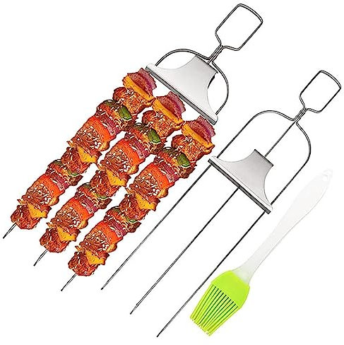 Poupangke Grillspieße zum Grillen, wiederverwendbare flache Spieße – 3 Zinken, Küchen-Kochgeschirr, Grillspieß, Zubehör für , Schwein, Fisch, Garnelen, Huhn, Gemüse