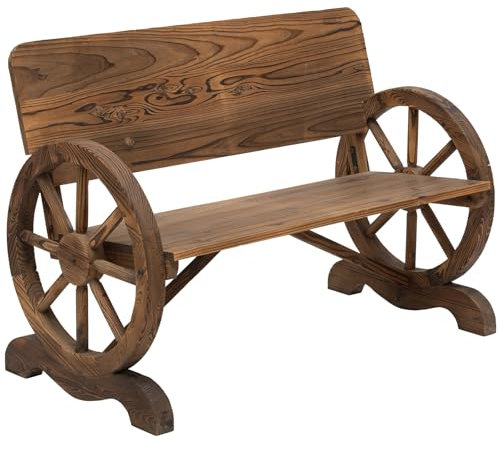 Outsunny Panca da Giardino 2 Posti con Schienale Alto, Panchina in Legno di Abete con Ruote di Carro Laterali, 114x58x80 cm, Marrone Carbonizzato