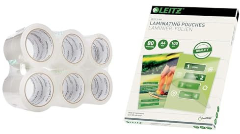 Amazon Basics Paketband & Leitz Heißlaminierfolien A4 80 mic, Hochwertige Laminierfolien im 100er Pack, mit abgerundeten Ecken, transparent, glänzend, für den Einsatz zu Hause oder im Büro, 33818
