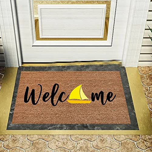 JAXICH Welcome Door Mat Outdoor Mats for Front Door Low Profile Natural Coir Waterproof Floor Mat Door Mat Summer Boat Welcome Beach Sign for Outdoor, Indoor, Entrance, Patio, Front Back Door