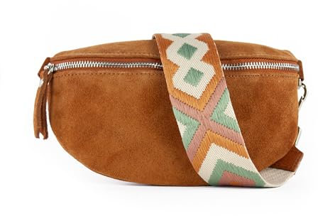 lePelou Bauchtasche aus Veloursleder, Wildleder Bauchtasche, Festival Tasche, Cross Body Tasche, Gürteltasche, Geschenk (Cognac 4, L)
