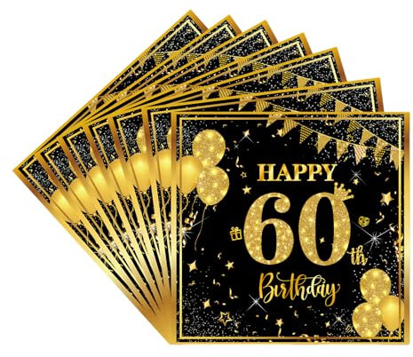 Servietten 60.Geburtstag Männer Frauen,20pcs Schwarze Gold Geburtstagsservietten,Partyservietten,60.Geburtstag Deko Servietten,Papierservietten für Männer Frauen Er Sie 60.Geburtstags Tischdekoration