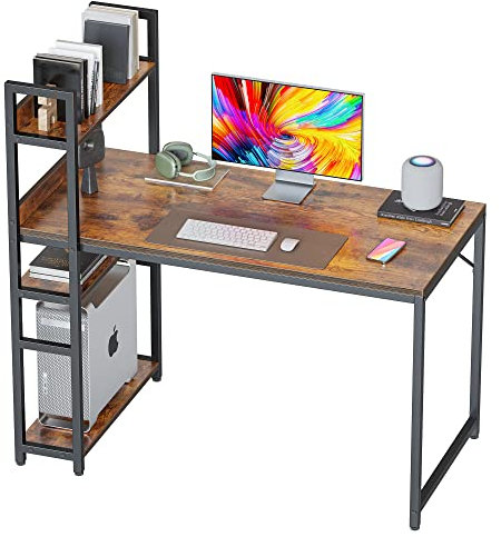 CubiCubi 120x60x117 cm Computer Desk with 4 Tier Storage Shelves on Left or Right, Home Office Table with Bookshelf for Study Writing, Modern Simple Style, Steel Frame, Rustic Brown