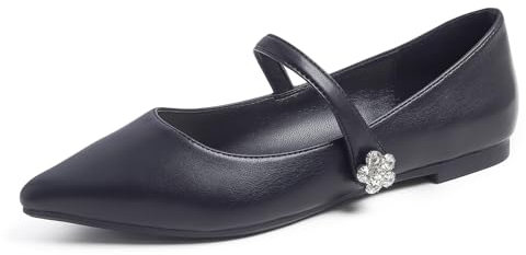 Feversole Women's Pointed Toe Patent Ballet Flat, Punta da Donna Balletto in Vernice per Balletto in Maryjane Fibbia Nera in Pelle vegana con Fiori 41 EU
