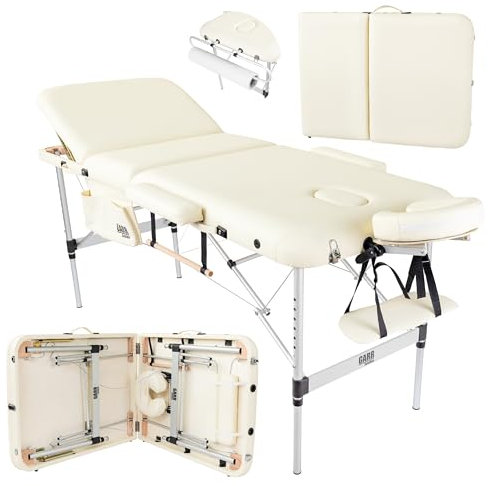GARR Solution Lettino Massaggio Portatile 3 Zone in Alluminio, Professionale per Estetista, Fisioterapia e Tattoo, Pieghevole e Leggero - 185x70 H62/80cm - con Porta Rotolo e Accessori - Crema