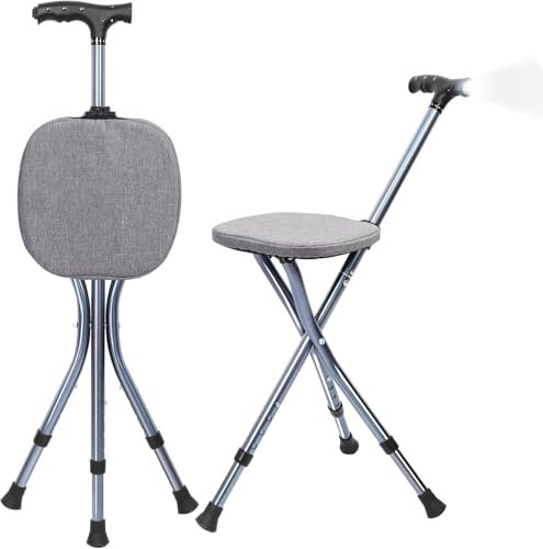 Gehstock mit Sitz, Faltbarer Spazierstock Leicht mit 3 Füßen, Höhenverstellbarer Gehstock für Senioren für Erwachsene, Senioren und Rehabilitationsmenschen