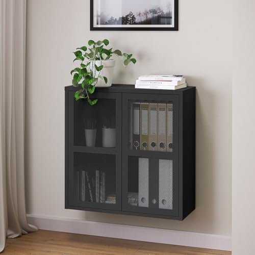 skølm Zephyr Metall Kommode – Hängeschrank mit 2 Fächern & flexiblen Einlegeboden – Mehrzweckschrank mit Push-to-Open-Türen – Metallschrank Schwarz – Industrial Hängeregal – Flurschrank