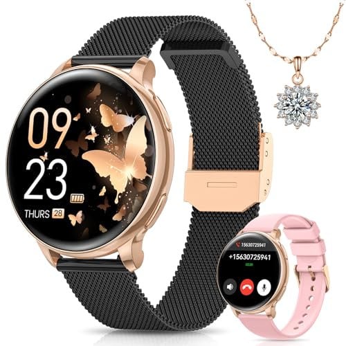 Sanorum Smartwatch Damen, 1.27 HD Screen Armbanduhr mit Telefonfunktion 120+ Sport, Menstruationszyklus SpO2 Pulsuhr Schlafmonitor Schrittzähler Fitness Tracker Rund, IP68 iOS Android Gold Schwarz