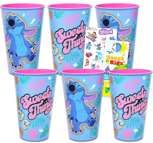 Disney Confezione da 6 bicchieri riutilizzabili Stitch con bicchieri da 680,4 g e adesivi, altro ancora | Bicchieri d'acqua Lilo e Stitch