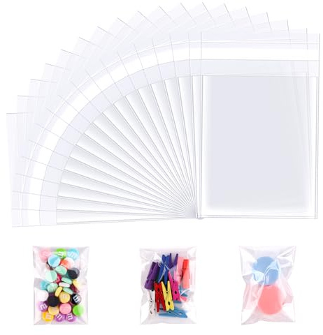 Mexgcom 100 Stück Durchsichtige Zellophantüten, Selbstklebende Süßigkeiten Tüten, Kleine Spartasche Wiederverwendbar für Kekse Süßigkeiten Zubehör Geschenke (7×10CM)