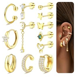 JeweBella 12Pcs Helix Piercings Chirurgenstahl Ohrringe Piercing Ohr Gold Hypoallergen Klein Flatback Ohrstecker Knorpel Ohrpiercing Ohrringe Creolen Rook Conch Tragus Piercing Set