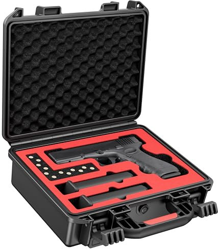 Generisch Pistolenkoffer für Glock Pistolen TSA Gun Case für G17/G19/G20/G21/G22/G23/G31/G32/G37/G38/G43/G45, wasserdichter Waffenkoffer mit Schaumstoff, Pistolenkoffer für Transport & Lagerung