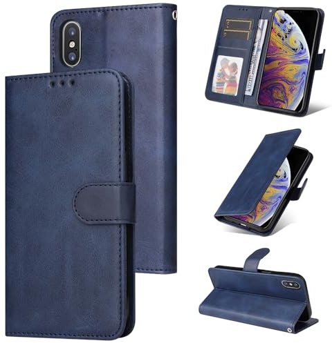 E-Lush Handyhülle für iPhone XS Hülle Leder PU, Magnet Klapphülle Flip Wallet Kartenfach 360 Stoßfeste Schutzhülle für iPhone X Hülle mit Standfunktion, Blau