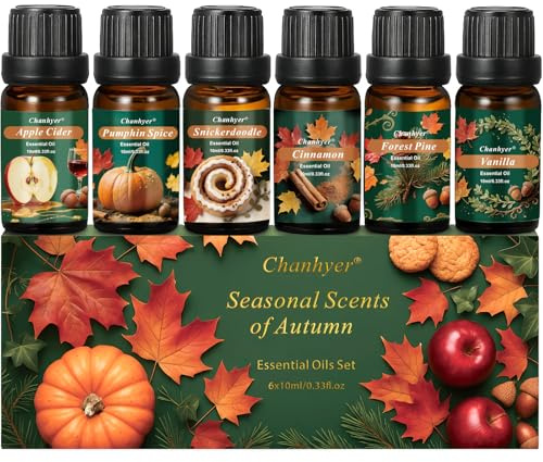 Chanhyer Fall Essential Oils Set for Diffusers for Home 6 x 10 ml | Aromatherapy Gift, Premium Scented Oils for Diffusers - Pumpkin Spice,Apple Cider,Snickerdoodle,Vanilla,Cinnamon & Pine