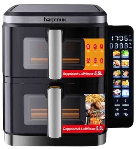 Hagenuk Premium Doppel-Heißluftfritteuse 2×5,5L mit Sichtfenster, 10 Programmen, Grill-Einsatz, Touchdisplay, Sync-Match-Funktion, 2800W, Modell DAF 2800.12 Designed in Germany
