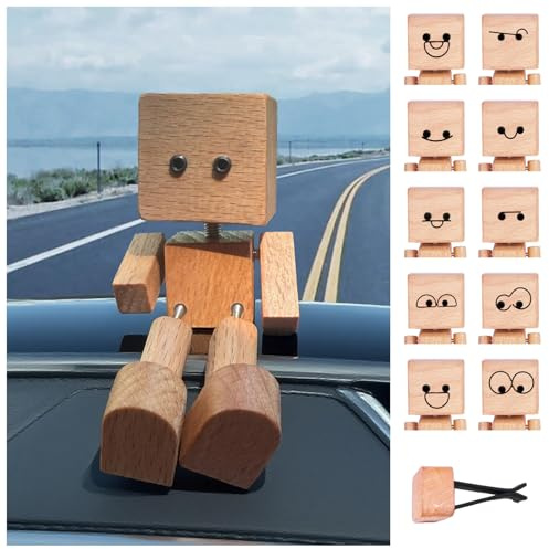 Lidary Wackelfigur Auto Holzfiguren, Wackelkopf Figur Auto, Handgefertigter Wackelfigur mit 12 Austauschbare Ausdrücken, Holzfiguren für Armaturenbrett Dekor (B)