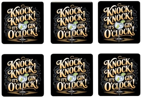 speecheese 6er Set Untersetzer aus Holz Knock Knock It's Gin o'clock | Lustige Glasuntersetzer für Ginliebhaber und Cocktailpartys