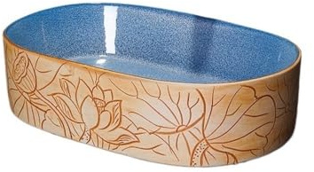 Durable Lavabo de salle de bain en céramique fait main à texture de lotus, style rétro, lavabo sur comptoir (vasque simple) Facile à installer