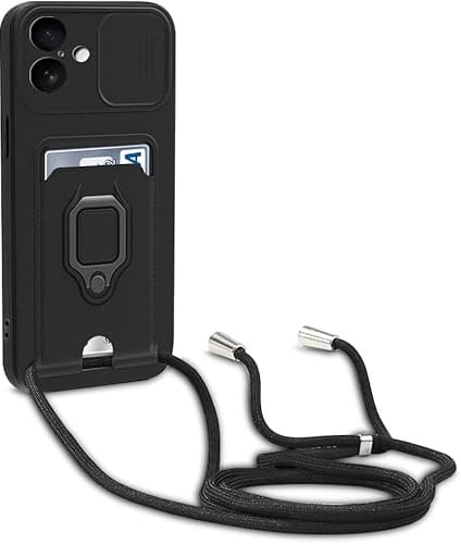 Esakycn Crossbody Case for iPhone 17 6.3 with Camera Cover, Phone Case Silicone with Roating Ring Stand, Card Holder with Adjustable Strap Lanyard Shockproof Protective Cover. Black