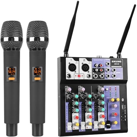 SIKUING Mixer audio con 2 microfoni wireless, 4 canali, mixer DJ professionale con Bluetooth/USB, alimentazione phantom da 48 V, compatibile con computer, karaoke, feste, riunioni, registrazione in