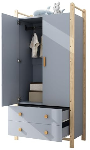 KecDuey 2-türiger Kleiderschrank,90×45×180 cm Kleiderschrank mit Kleiderstange, 2 Schubladen, für Schlafzimmer, Wohnzimmer, Flurgarderobe geeignet, aus Spanplatte, weißer Körper + Kieferrahmen (Grau)