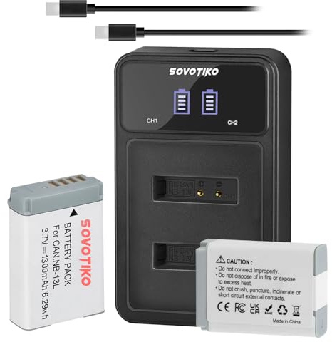SOVOTIKO NB-13L Akku 2er-Pack und Dual-Port-Ladegerät für Canon PowerShot SX740/SX620/SX720 HS, G1 X Mark III, G5 X/Mark II, G7 X/Mark II/M III, G9 X/Mark, 1300mAh