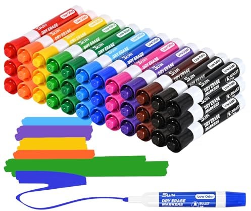 SUIN 36 Whiteboard Marker – 12 Farben je 3 Stifte – Abwischbare Whiteboard Stifte mit 2,7 mm Rundspitze – Geruchsarme Tinte – Großpackung für Schule, Büro & Konferenz