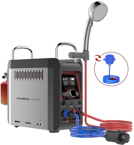 CAMPLUX Nano 3 Max - Chauffe-Eau Portable à Gaz, Kit Douche Outdoor, Eau Chaude Instantanée, avec Batterie Intégrée et Pompe 12V, Compact pour Camping & Vanlife