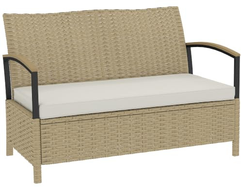 Outsunny 125L Garden Storage Bench 2 Seater PE Rattan Metal Frame Khaki | Padded Cushion, Outdoor Bench Storage Box, Outdoor Loveseat, Patio Garden Balcony