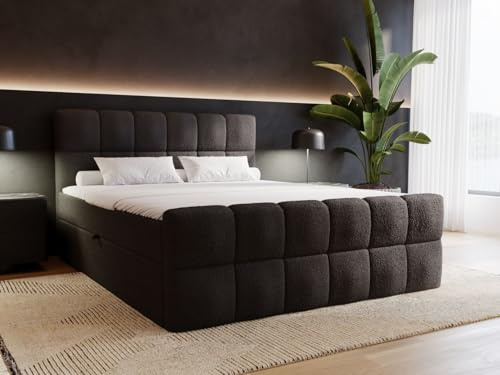 GRAINGOLD Alicante Bett, Boxspringbett mit Bettkasten, Polsterbett mit Bonell-Matratze, Bouclé-Stoff, mit Topper, mit Kopfteil (Schwarz, 200x200)