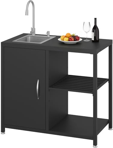 DSNAPE Outdoor Küche mit Spüle & Wasserhahn, Modulares Design, Schwarz | Outdoor Spüle mit Unterschrank, Küchenschrank Wetterfest mit Offenes Regal, Tragkraft 136kg, Außenküche für Pizzaofen & Grill
