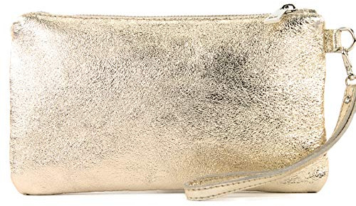modamoda de T193 Damen Leder Clutch Handgelenktasche Kosmetiktasche Klein handmade in Italy, Farbe:Lightgold
