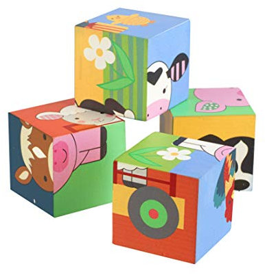 Farm Animal Puzzle Blocks - Wooden Cube Jigsaw Puzzle, Stacking Toys - Blocks with 6 Designs for 1 year old Toddler - Early Development & Activity Toys, Montessori Toddler Toys by Orange Tree Toys