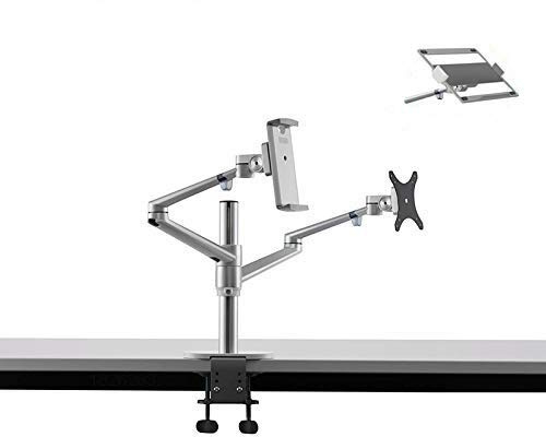 NBGYS OL-3T Aluminum 3 in 1 Height Adjustable Desktop Dual Arm 17-32 Inch Monitor Holder + 10-17 Inch Laptop Stand + 14 Inch Tablet Mount Silver