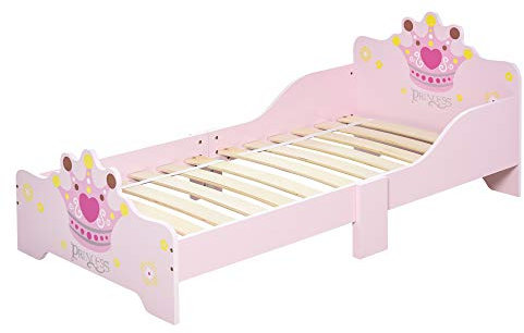 HOMCOM Lit Enfant - lit d'enfant Design Princesse Motif Couronne - sommier à Lattes Inclus - MDF Contre-plaqué Rose
