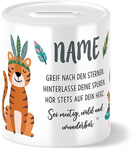 OWLBOOK® Kinder Spardose Tiger | personalisierte Geschenke Konfirmation Jugendweihe Kommunion Firmung Einschulung Geburt Baby Kind | Geburtstagsgeschenke Ostergeschenke für Kinder | Keramik