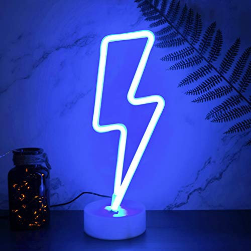 YIVIYAR LED Lights, Lightning Bolt Led Neon Sign with Base, USB/Battery Operated Neon Light Sign, Cool Lamps Blue Neon Lights Room Decor for Bedroom Aesthetic Cool Room Decor(Blue Lightning)