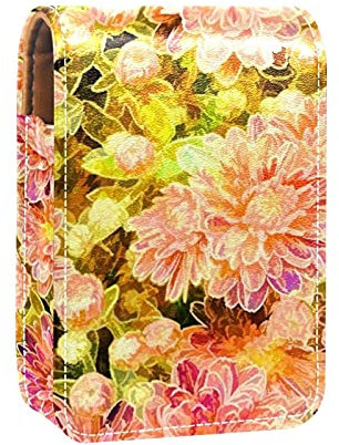 Paint Pink Green Peony Flower Plant Pattern Lip Gloss Holder Lipstick Case Portable Makeup Bag Travel Lipstick Organizer Case with Mirror Mini Lipstick Storage Box for Women