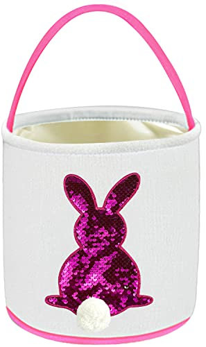 Leesgel Cestino per la caccia alle uova di Pasqua per bambini, con paillettes, cestino per regali pasquali, cestino vuoto, per feste, decorazioni coniglietti, per trasportare uova e caramelle, rosa