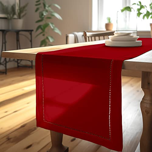 Encasa XO Tischläufer | Reine Baumwolle mit Hohlsaumdesign | Größe 32x230 cm | Rot - Maschinenwaschbar